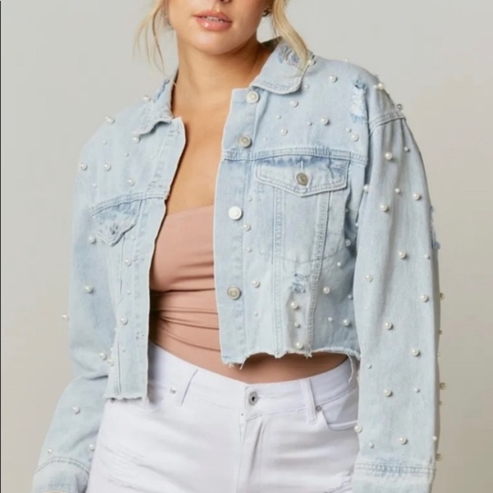 Peach Love Pearled Jean Jacket. Size Medium